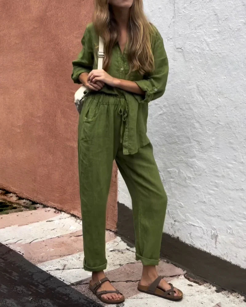 Michelle - Casual Two-Piece Cotton Linen V-Neck Top and Solid Color V-Neck Shirt Set