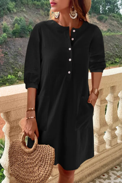 Indira - Casual and Simple Dresses with Fixed Pocket Buckle and A-Line O-Neckline