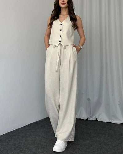 Helena - Solid color casual vest two-piece set.