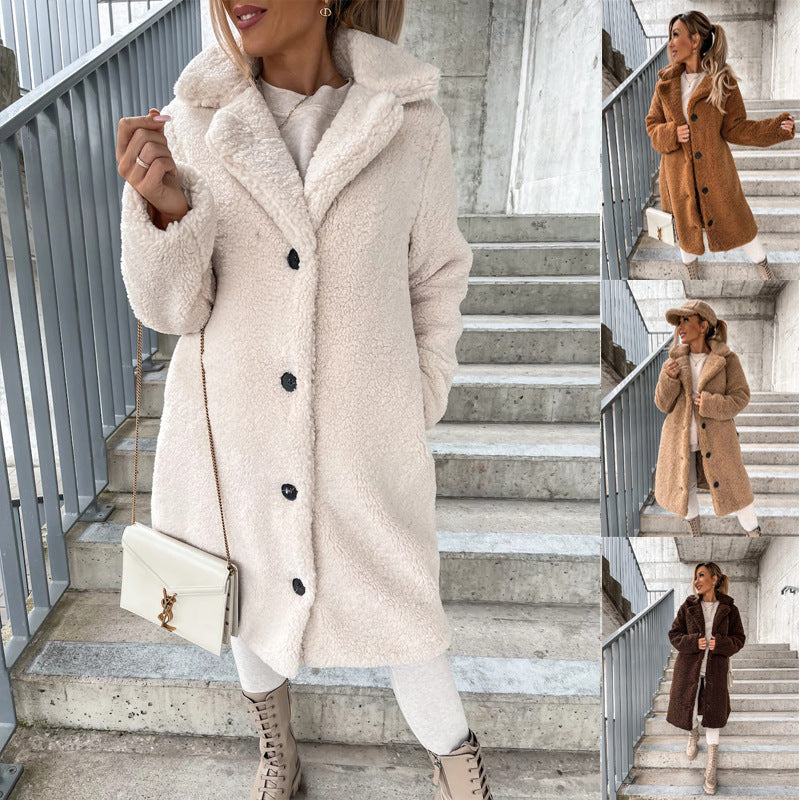 Women's Long-Sleeved Jacket with Lapel and Fur Lining, Ideal for Winter – Soft Coat