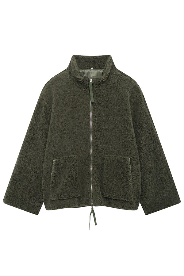 Elegant Women's Solid Color Loose Coat with High Neck, Long Sleeves and Pockets