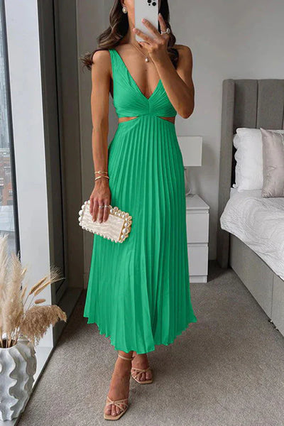 Xenia - Pleated summer midi dress with a cinched waist