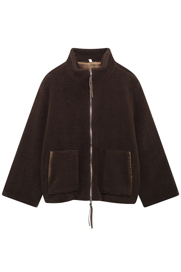 Elegant Women's Solid Color Loose Coat with High Neck, Long Sleeves and Pockets