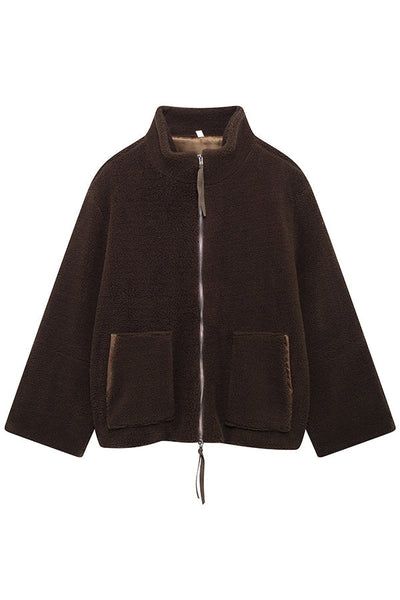 Elegant Women's Solid Color Loose Coat with High Neck, Long Sleeves and Pockets