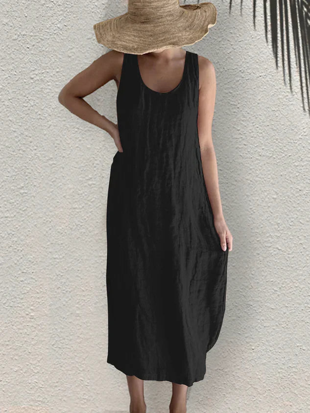 Greattioa Women's Casual Loose Cotton Linen Summer Vacation Plain Round Neck Sleeveless Dress