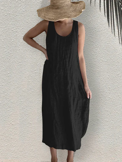 Greattioa Women's Casual Loose Cotton Linen Summer Vacation Plain Round Neck Sleeveless Dress