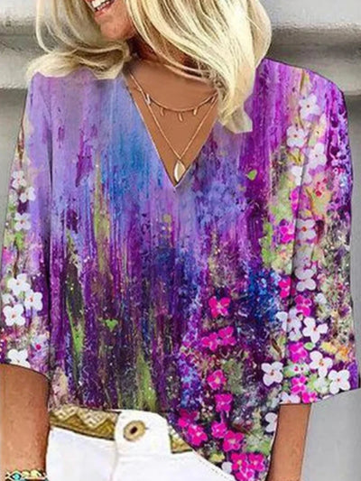 Diana - Women's 3/4 Sleeve V-Neck Abstract Floral Colorful Summer Blouse