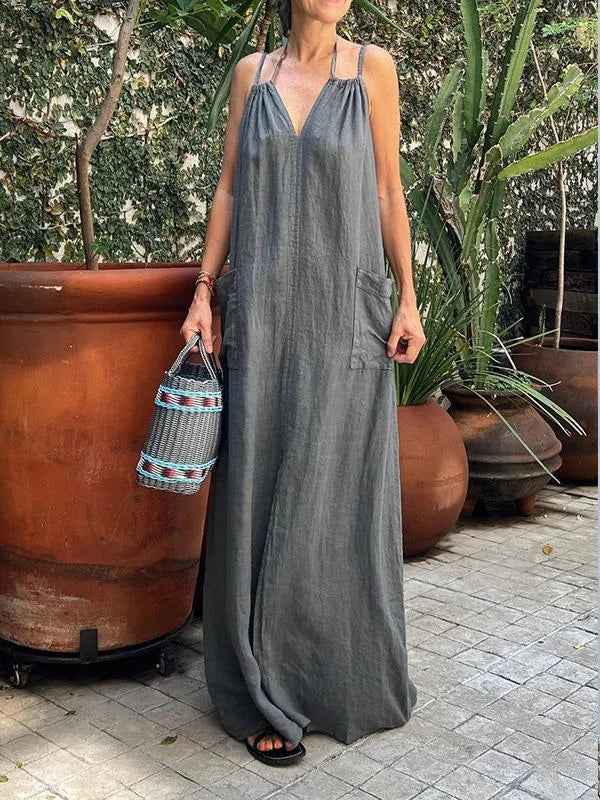 Delia - Women's V-neck Long Dress with Pocket