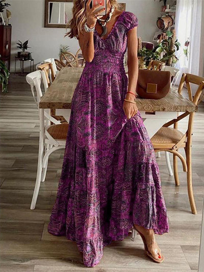 Linda - Full Size Smocked Print V-Neck Short Sleeve Dress