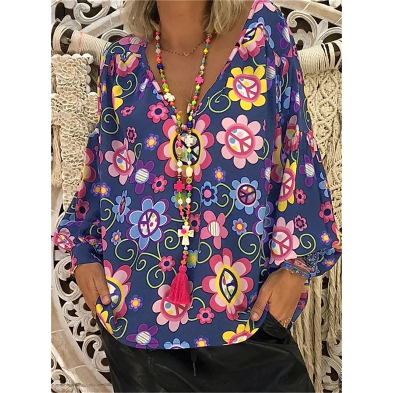 Abstract print button-down shirt with V-neck