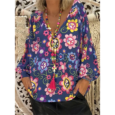 Abstract print button-down shirt with V-neck
