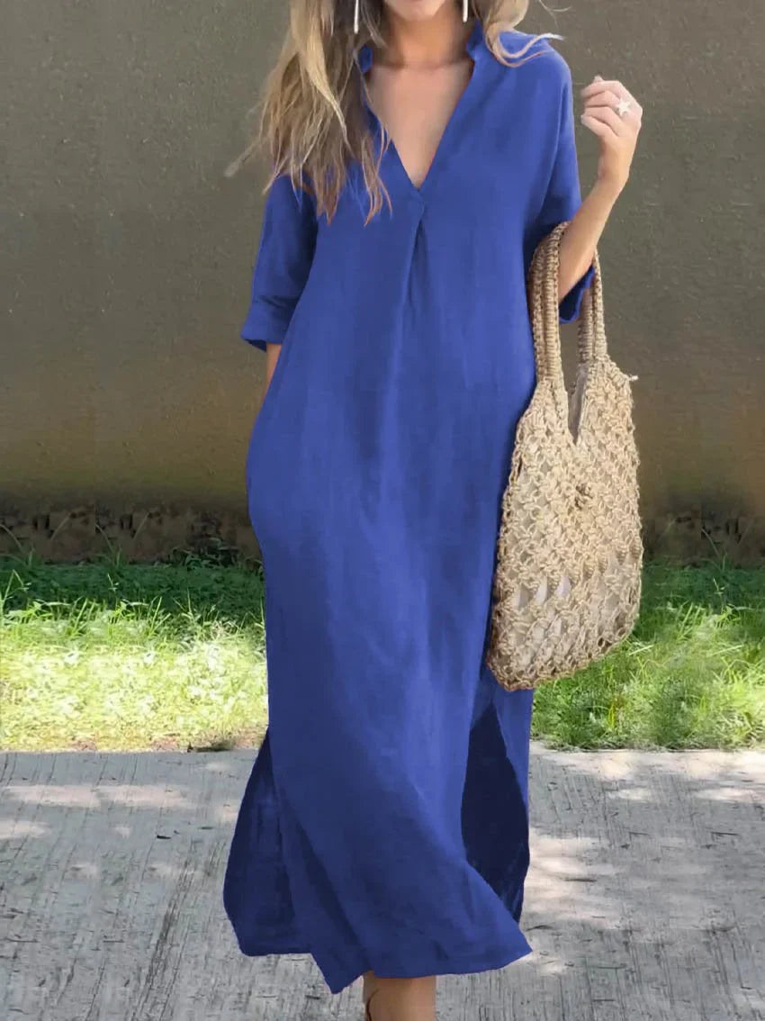 Vicky - Women's Solid Color V-Neck Pocket Linen Dress