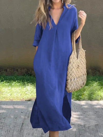 Vicky - Women's Solid Color V-Neck Pocket Linen Dress