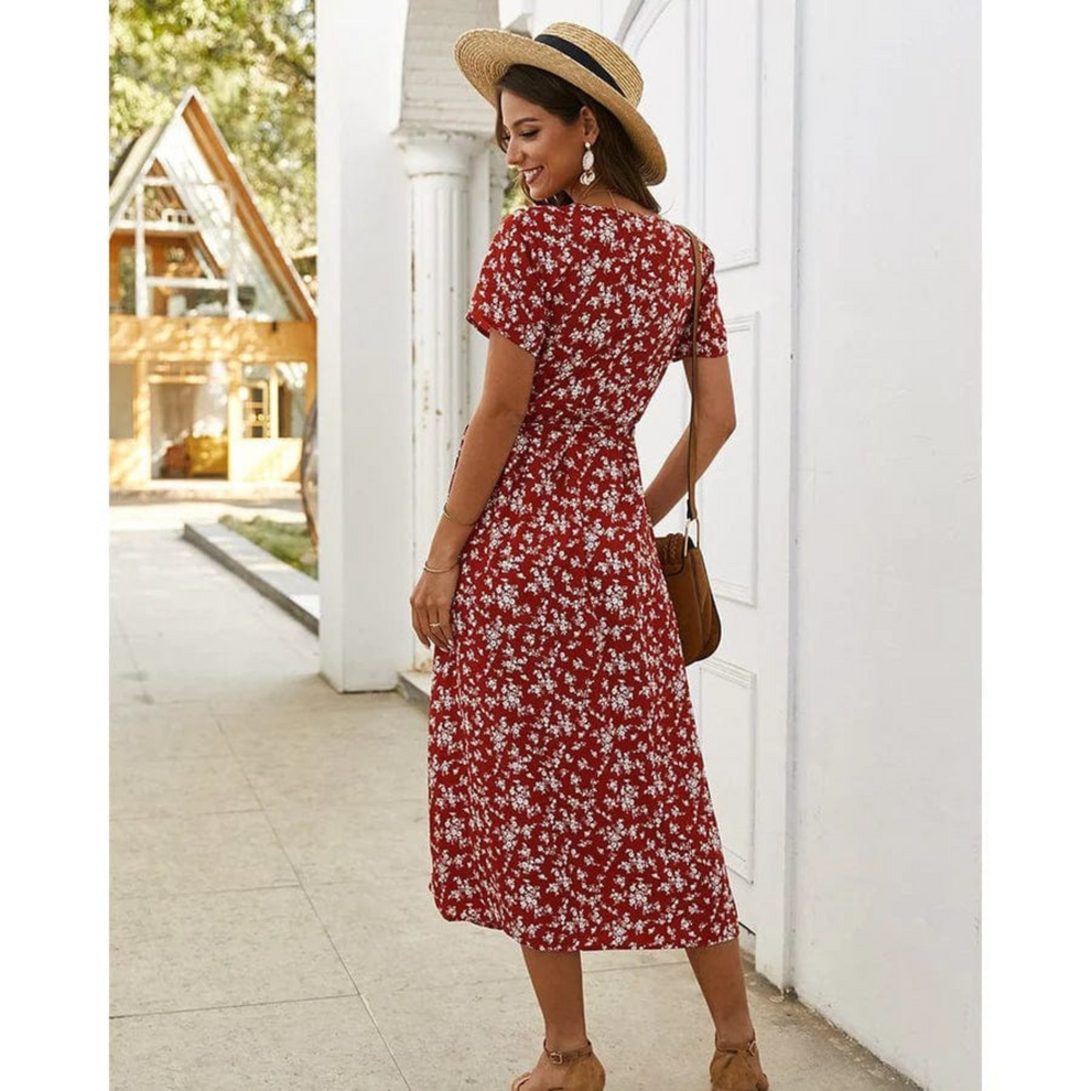 Summer midi dress with short sleeves and elegant floral print