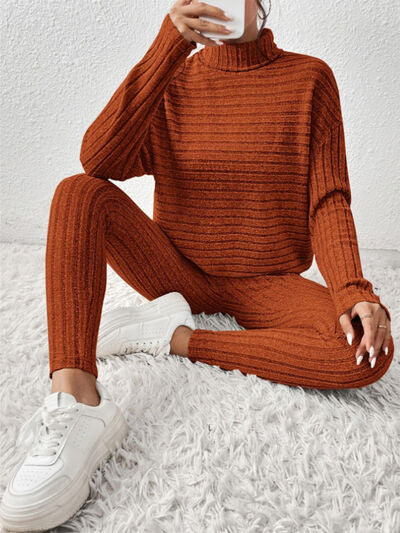 Ribbed turtleneck sweater and pants set