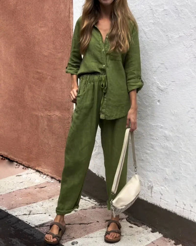 Michelle - Casual Two-Piece Cotton Linen V-Neck Top and Solid Color V-Neck Shirt Set