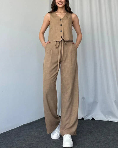 Helena - Solid color casual vest two-piece set.