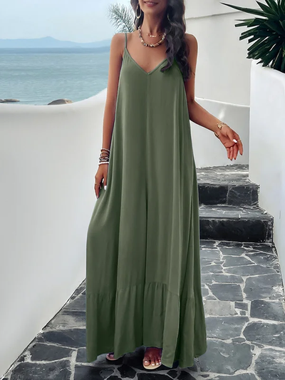 Heidy - Women's Loose Sleeveless Pleated Solid Color Split Spaghetti Neckline Long Dresses