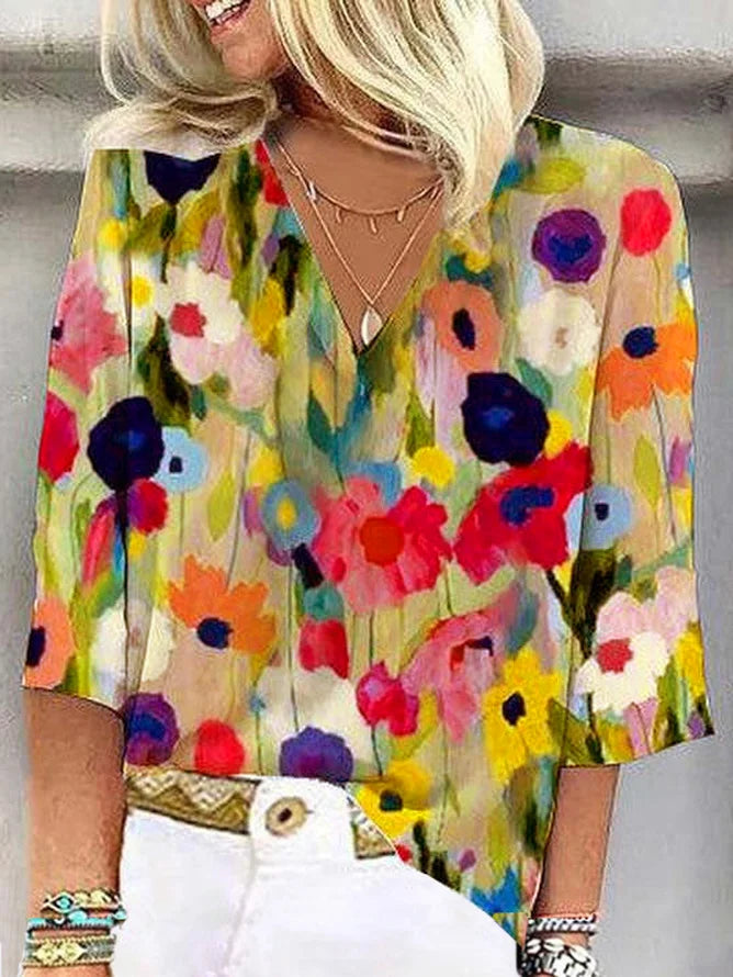 Diana - Women's 3/4 Sleeve V-Neck Abstract Floral Colorful Summer Blouse
