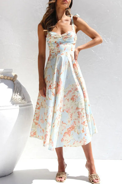 Amalie - Sweet and Elegant Floral Pleated V-Neck Dress with Waist Skirt