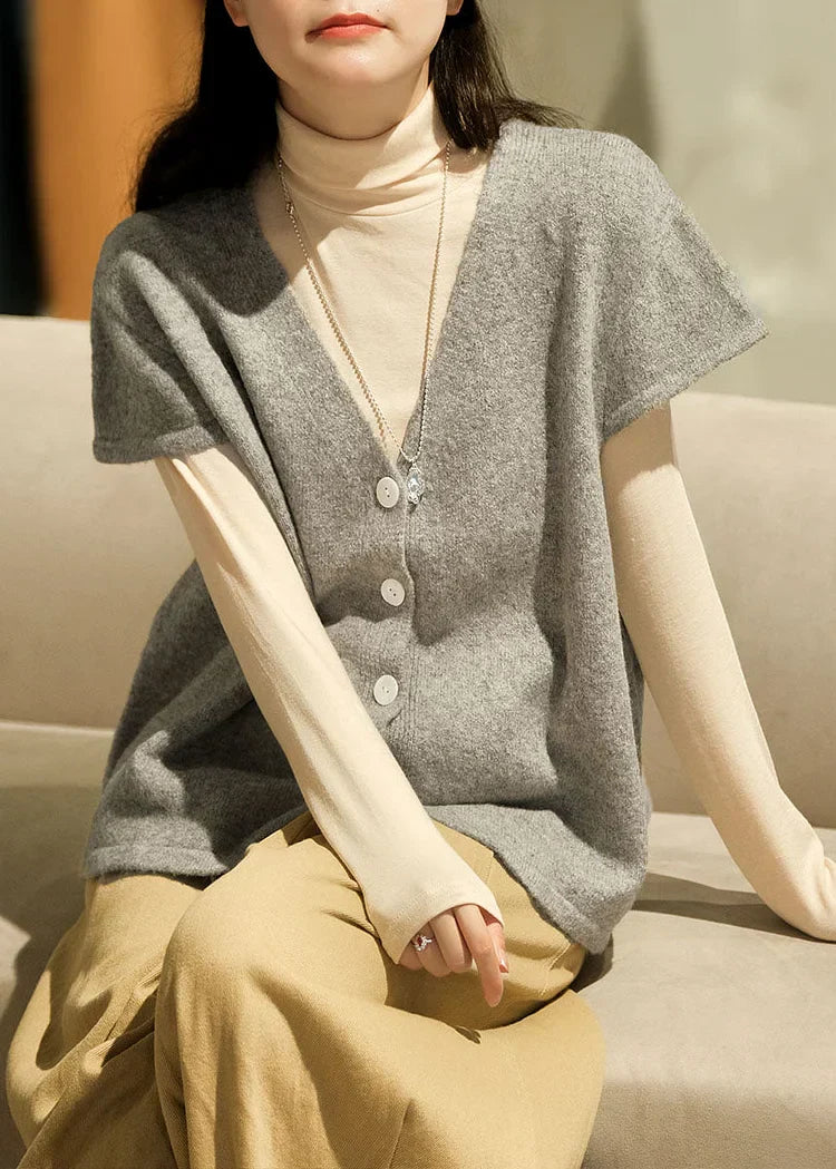 Beige Button-Down Vest with V-Neck - Short Sleeves
