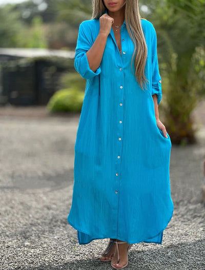 Frida - Women's Casual Solid Color Button Front Shirt Dress