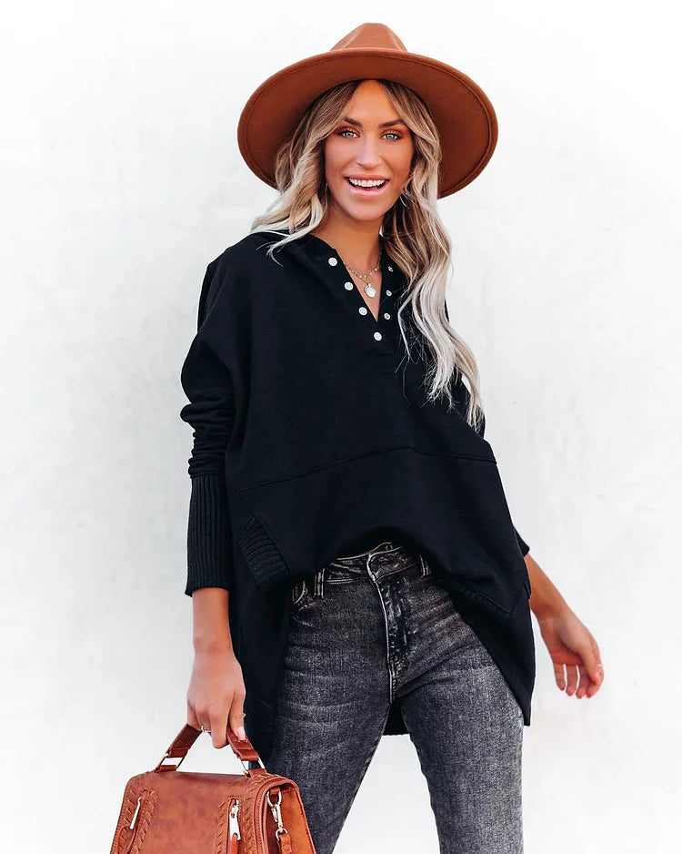 Brenda - Casual Solid Color V-Neck Batwing Sleeve Sweatshirt