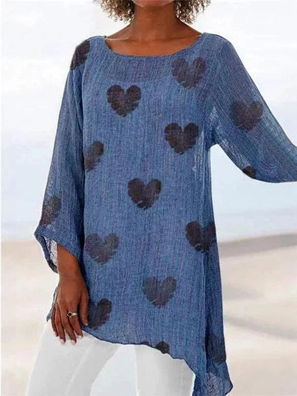 Colette - Women's cotton and linen T-shirt with heart print and round neck