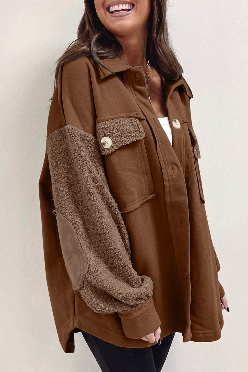 Brown Oversized Overshirt Jacket with Exposed Seams and Elbow Patch