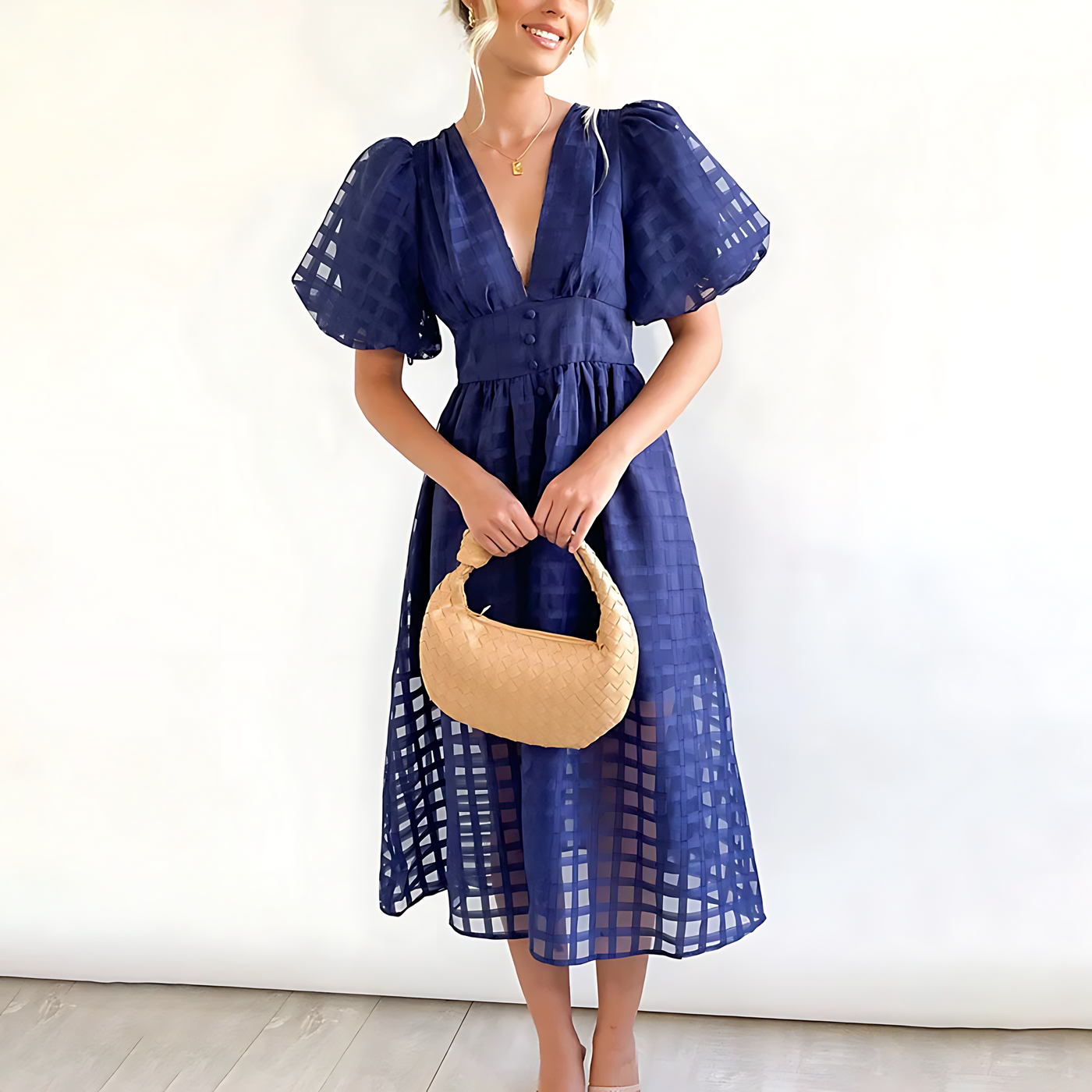 Elegant summer midi dress with short puff sleeves