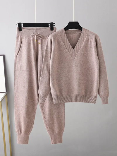Delia Set: Comfortable Elegance with V-Neck Sweater and Harem Pants
