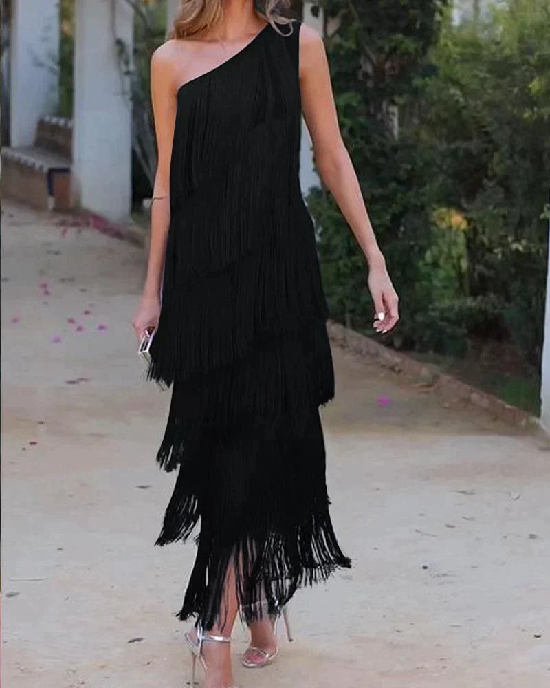 Elegant one-shoulder design fringe long midi dress