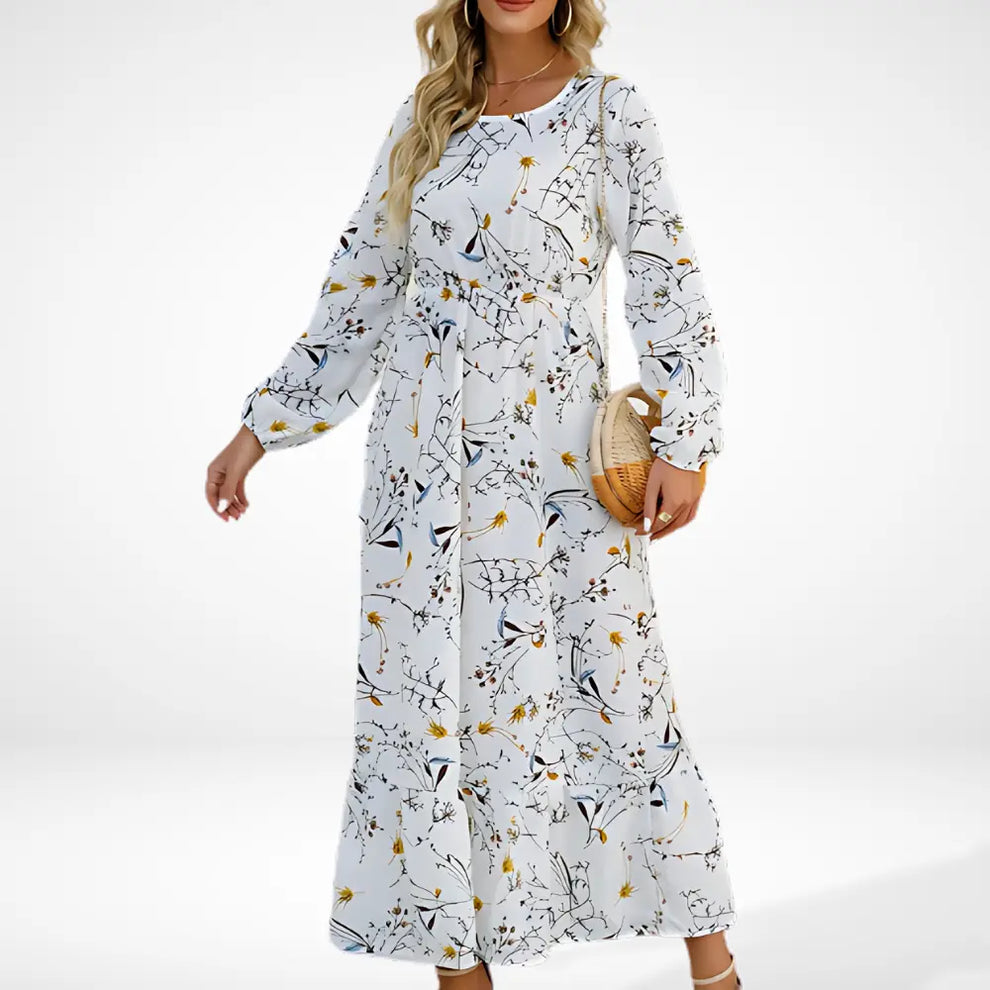Loose long dress with floral print and long sleeves