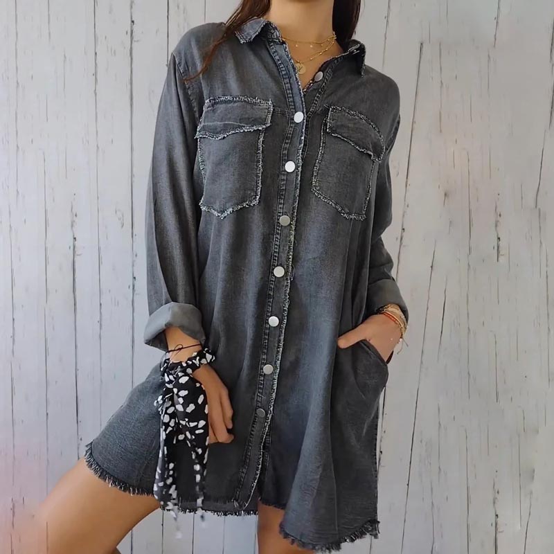 Emma - Women's comfortable denim-look coat shirt with lapels