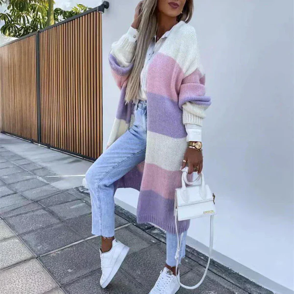 Relaxed and elegant tricolor striped cardigan