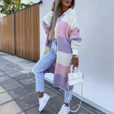Relaxed and elegant tricolor striped cardigan