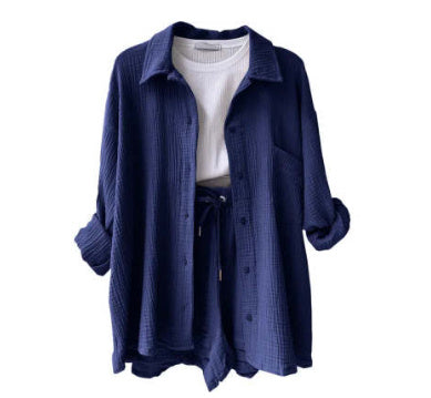 Women's summer set of flowing button-down shirt and matching shorts