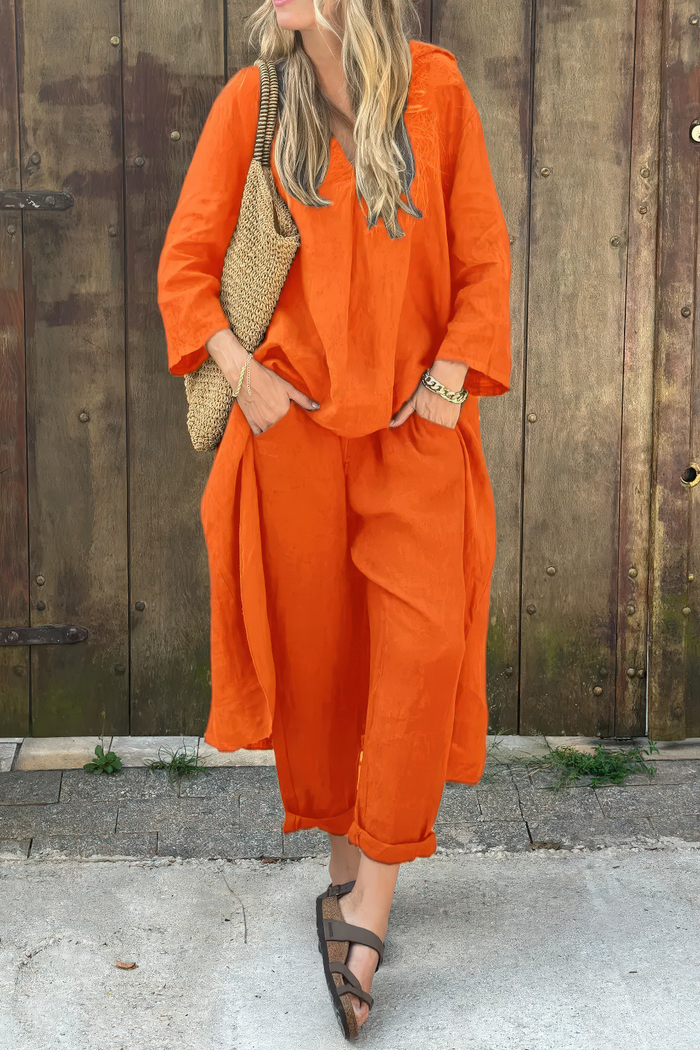 Elegant summer set for women with a long shirt and trousers