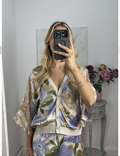 Elegant midi dress with partial buttons and wide sleeves in a floral design