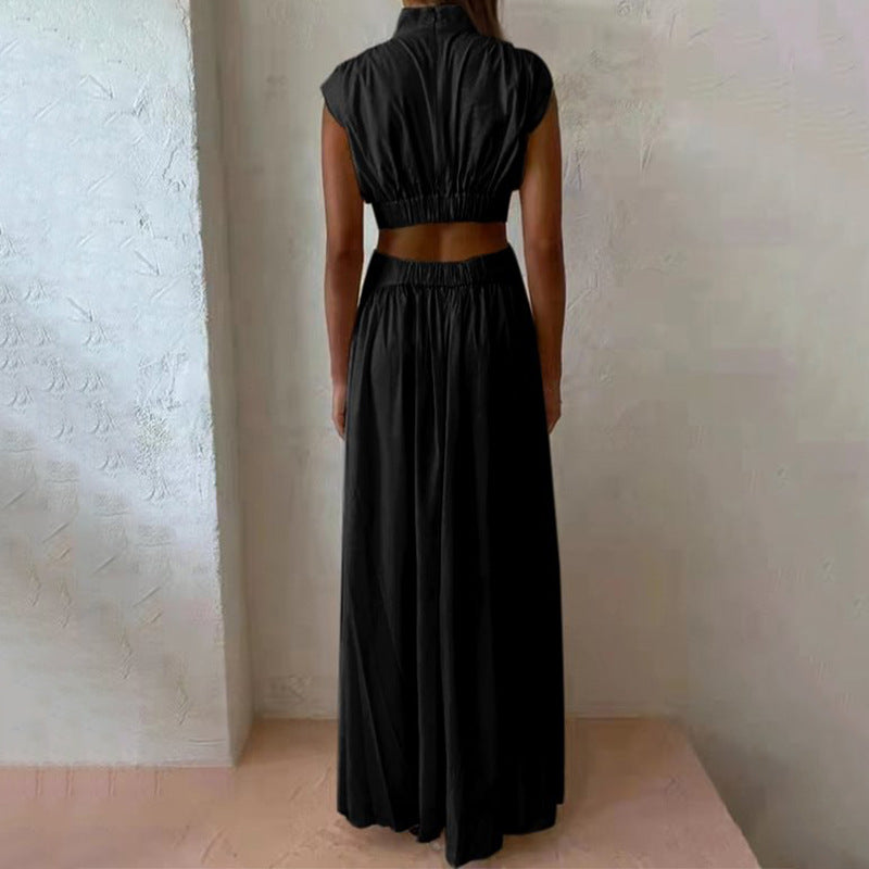 Claudia - Fashion High Neck Solid Color Casual Sleeveless Elegant Pleated Party Long Dress