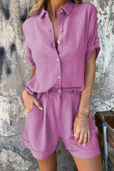 Lightweight summer set with short-sleeved shirt and button-down shorts