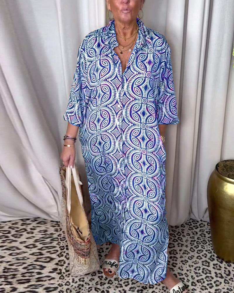 Martina - Long vintage print dress with flap pocket