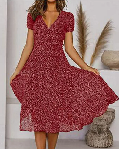 Micaela - Printed short-sleeved chiffon dress with V-neck