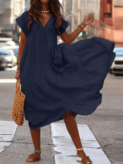 Amalie - Women's 100% Cotton V-Neck Loose Casual Plain Dress