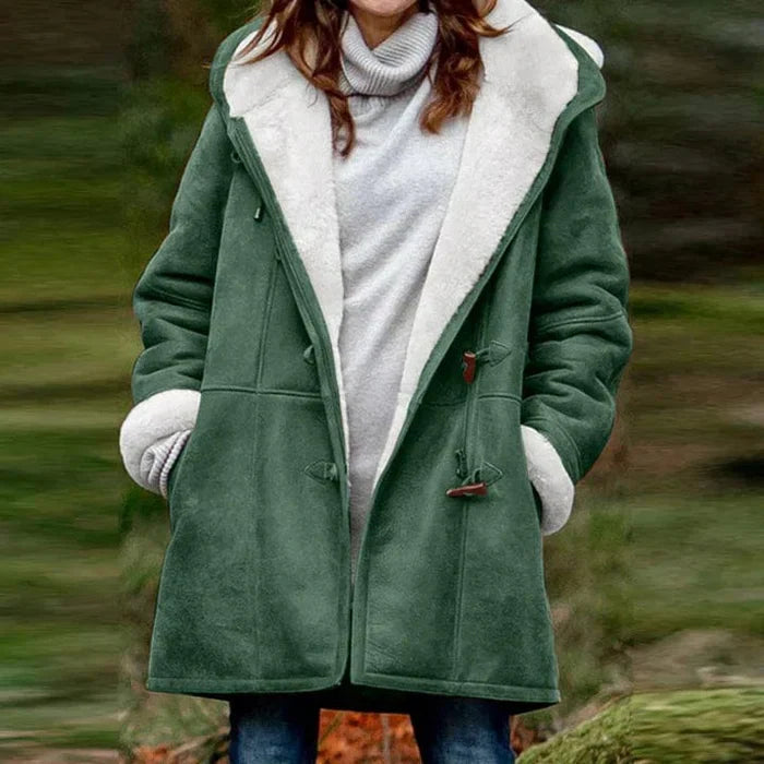 Women's Coat with Hood and Elegant Decorative Buttons