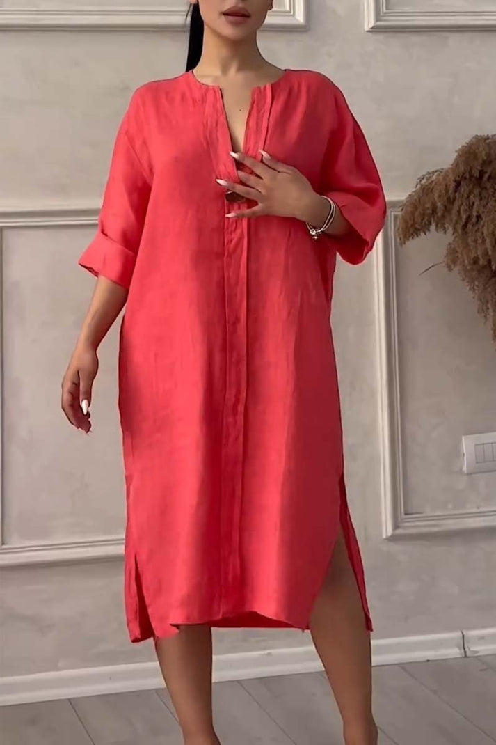 Emma - Casual cotton and linen button-down dress