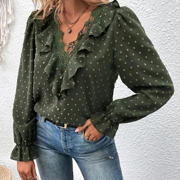 Micaela Boho Blouse with Swiss Polka Dots and Ruffled Lace