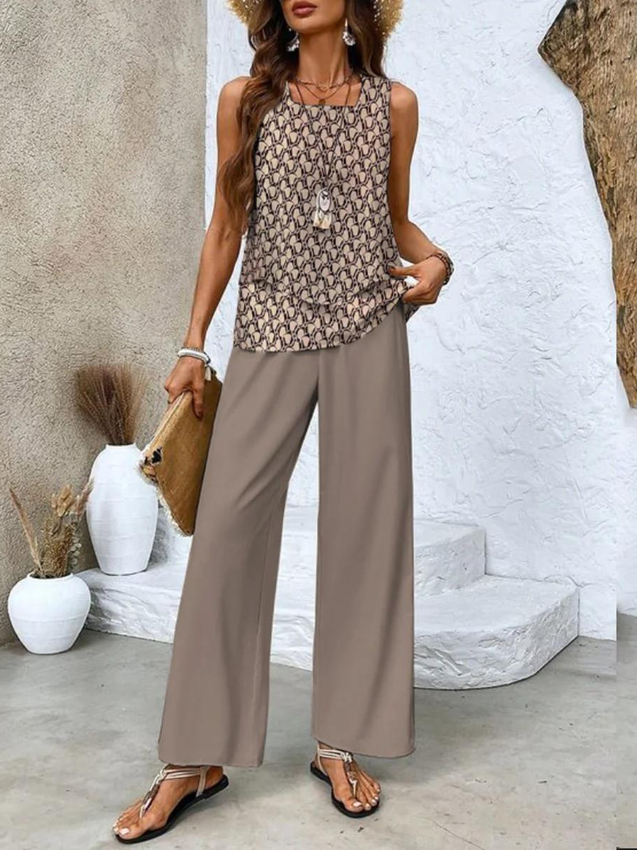 Elegant summer set for women with a sleeveless blouse and wide-legged pants