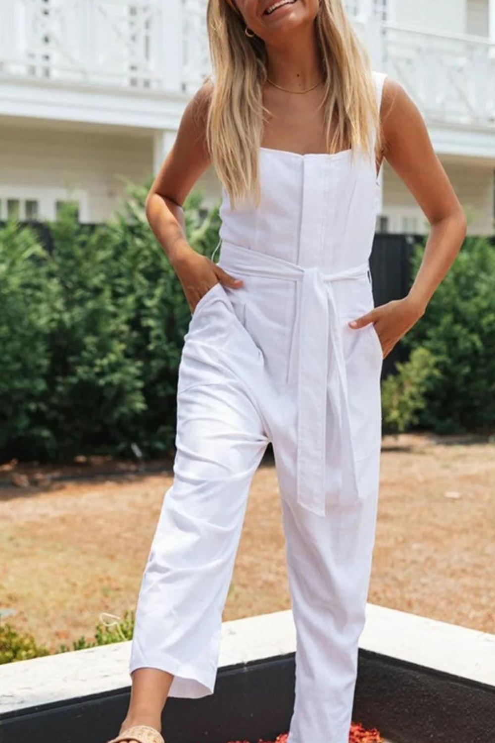 Georgina - Jumpsuit with pockets, a drawstring waist and a square neckline