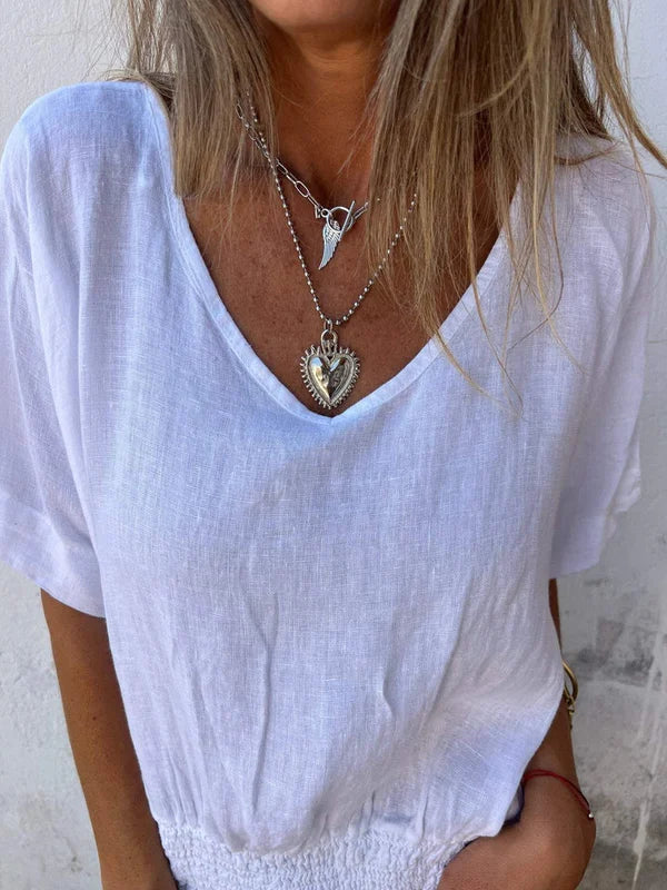Jessica - Cotton and linen V-neck top with gathered hem